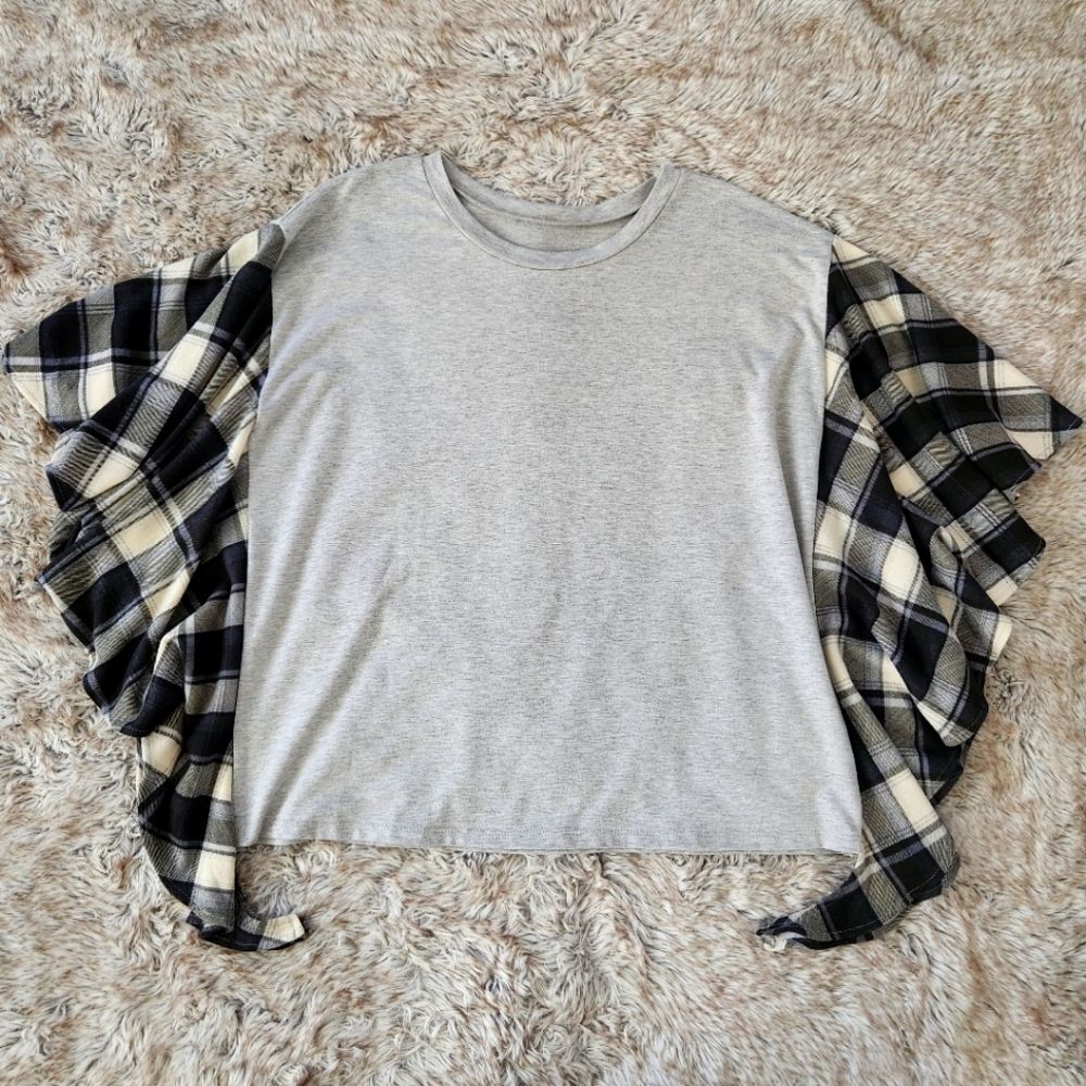 Flannel Contrast Flutter‎ Sleeve Gray Crewneck Top Unbranded Women's Size Large